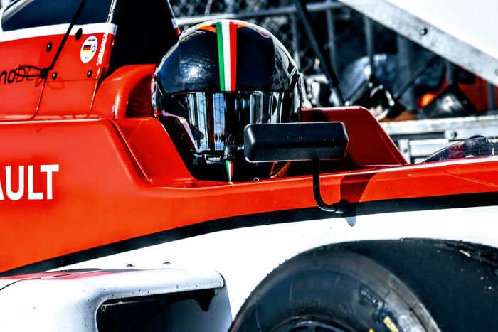 Single seater race car and driver, up close